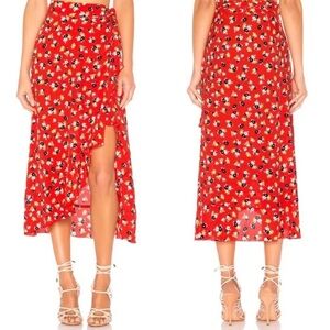 Faithfull The Brand  Celeste Wrap‎ Midi Ruffle Skirt in Red Jasmine Floral Rayon